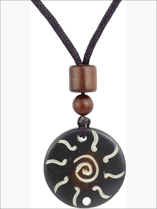 Jewelry - Handmade Bull Bone Pendant Necklace, Wooden Beads, Adjustable Braided Rope